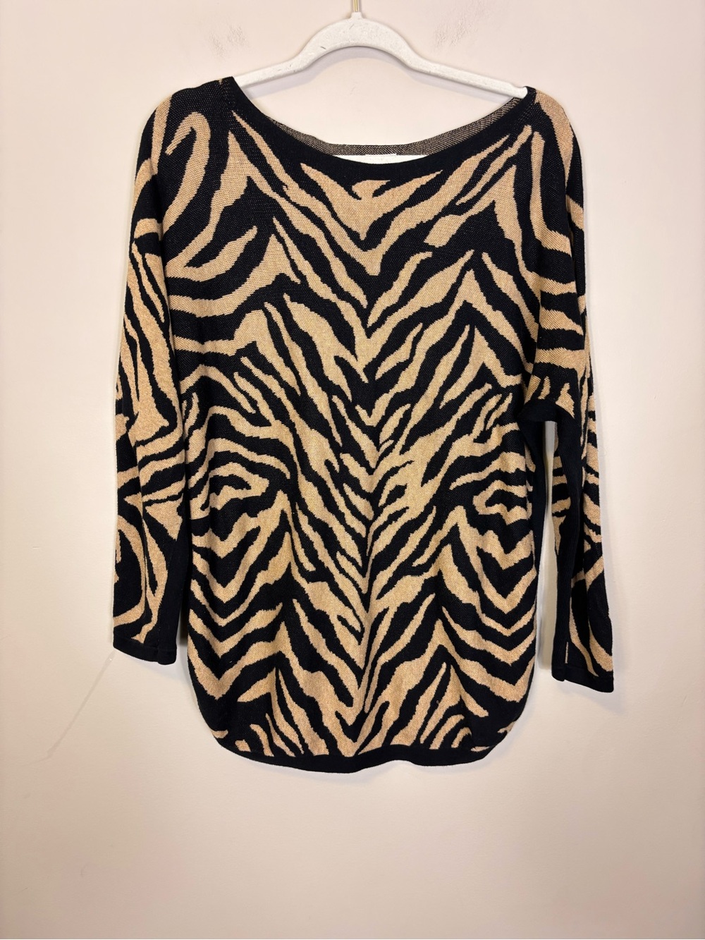 CAbi Black and Tan Zebra-Print Scoop Neck Sweater Medium